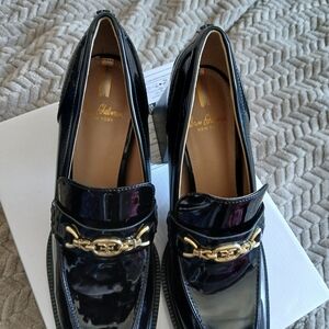 Sam Edelman Black Patent Loafers with Gold Chain